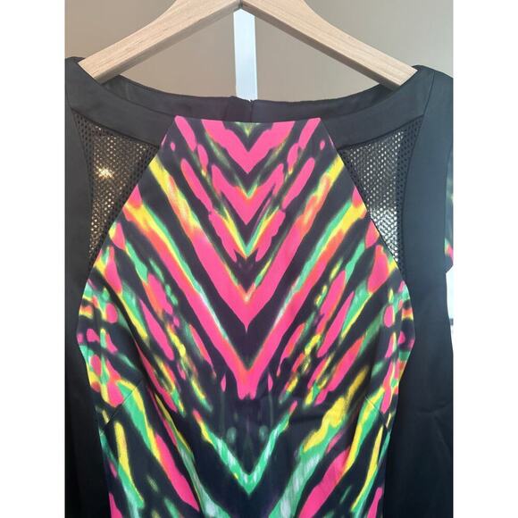 Karen Millen Abstract Tribal Black Dress Celebrity Neon Hot Midi Bodycon Size 8 - Picture 12 of 12
